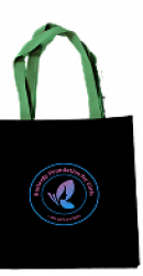 A black tote bag with green handles and the butterfly foundation logo